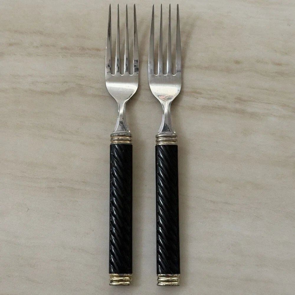 25pc MIKASA Braid-Onyx Laslo Flatware Set Black HDL Metallics Gold Acc., Stnls